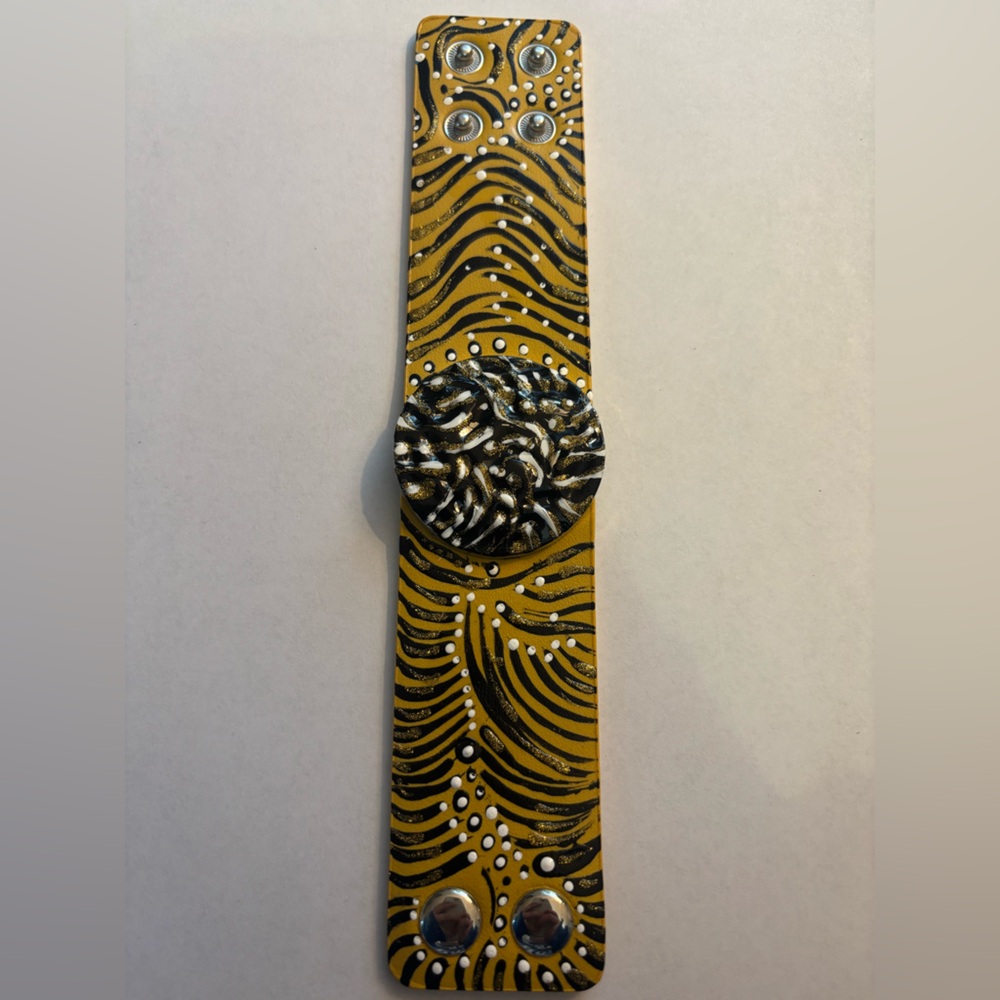 One of a kind hand painted Yellow and Black Patterned Bracelet
